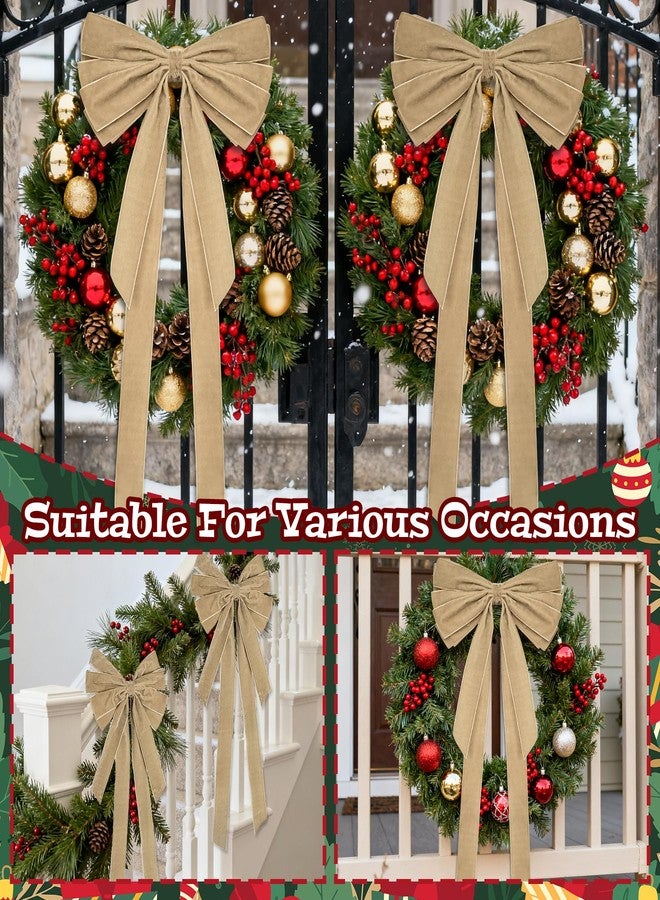 Stuffygreenus 2 Pcs Large Christmas Velvet Bows 10" x 27.5" Christmas Bows Tree Ornament Xmas Velvet Ribbon Bow for Gift Wrapping Wreaths Garland Holiday Home Front Door Decor (Khaki) - Image 4